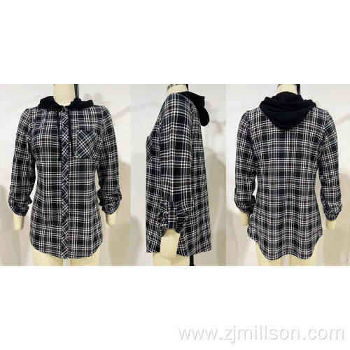 Lady's Autumn Black Checks Loose Hooded Shirt